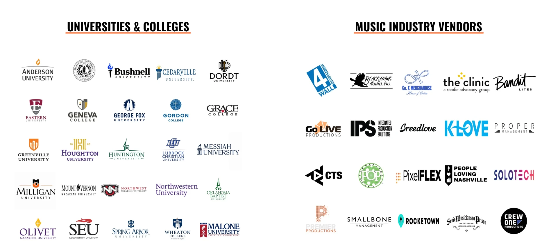 CMC Nashville partner universities and colleges, including Greenville University, and music industry partners